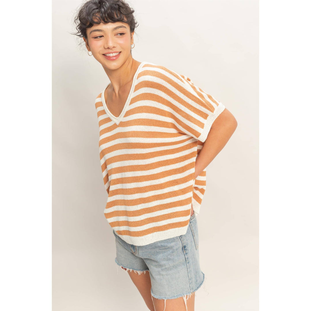 Striped V-Neck Short Dolman Sleeve Oversized Top
