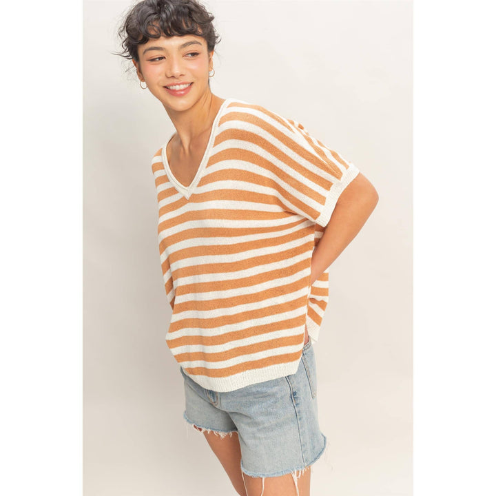 Striped V-Neck Short Dolman Sleeve Oversized Top