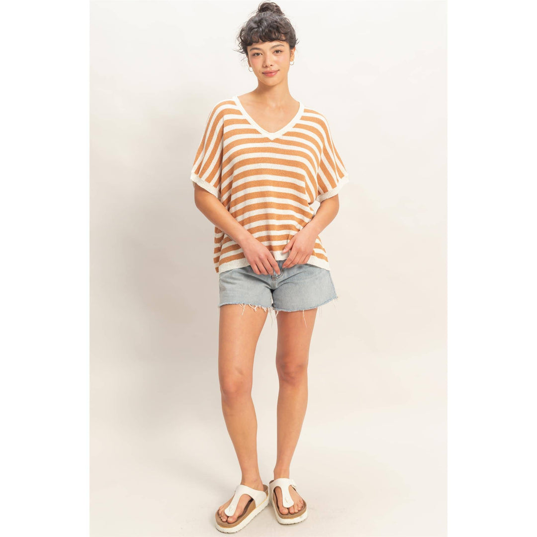 Striped V-Neck Short Dolman Sleeve Oversized Top