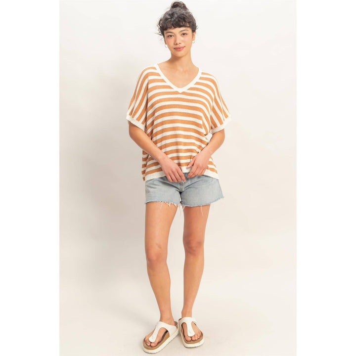Striped V-Neck Short Dolman Sleeve Oversized Top