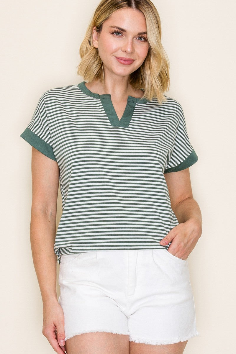 The Good Life Striped Short Sleeve Top in Green