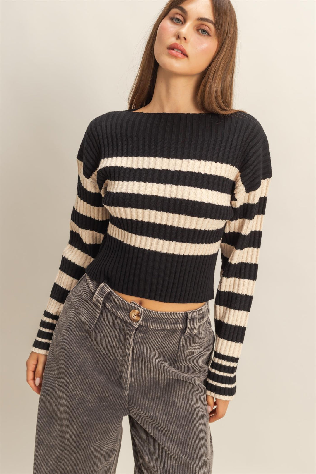 Oh So Thankful Striped Boatneck Sweater in Black and Cream