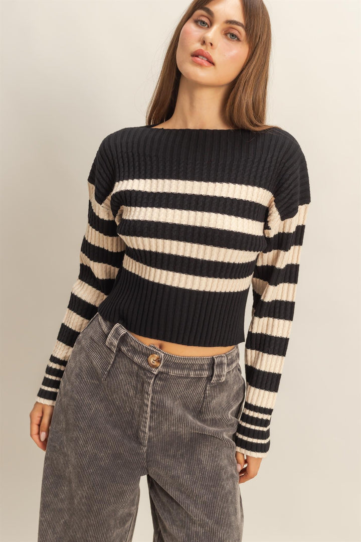 Oh So Thankful Striped Boatneck Sweater in Black and Cream