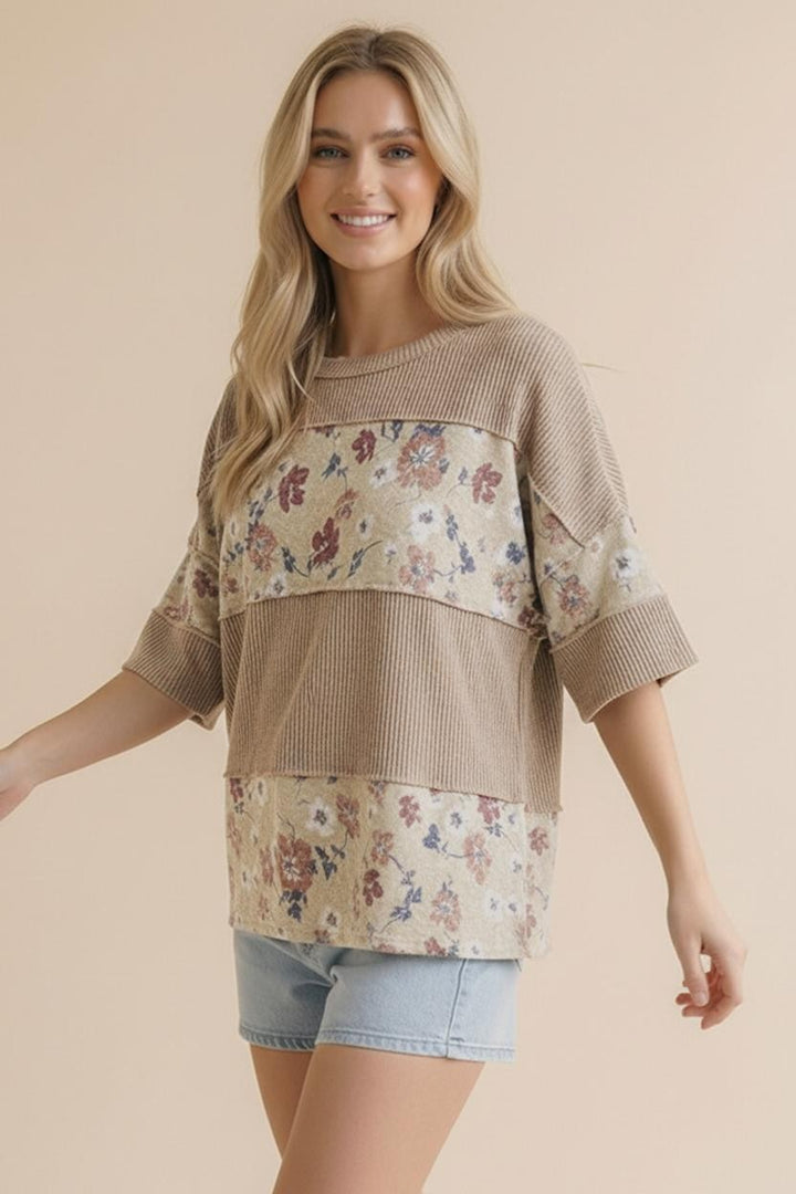 About Time Taupe Floral Short Sleeve Ribbed Top