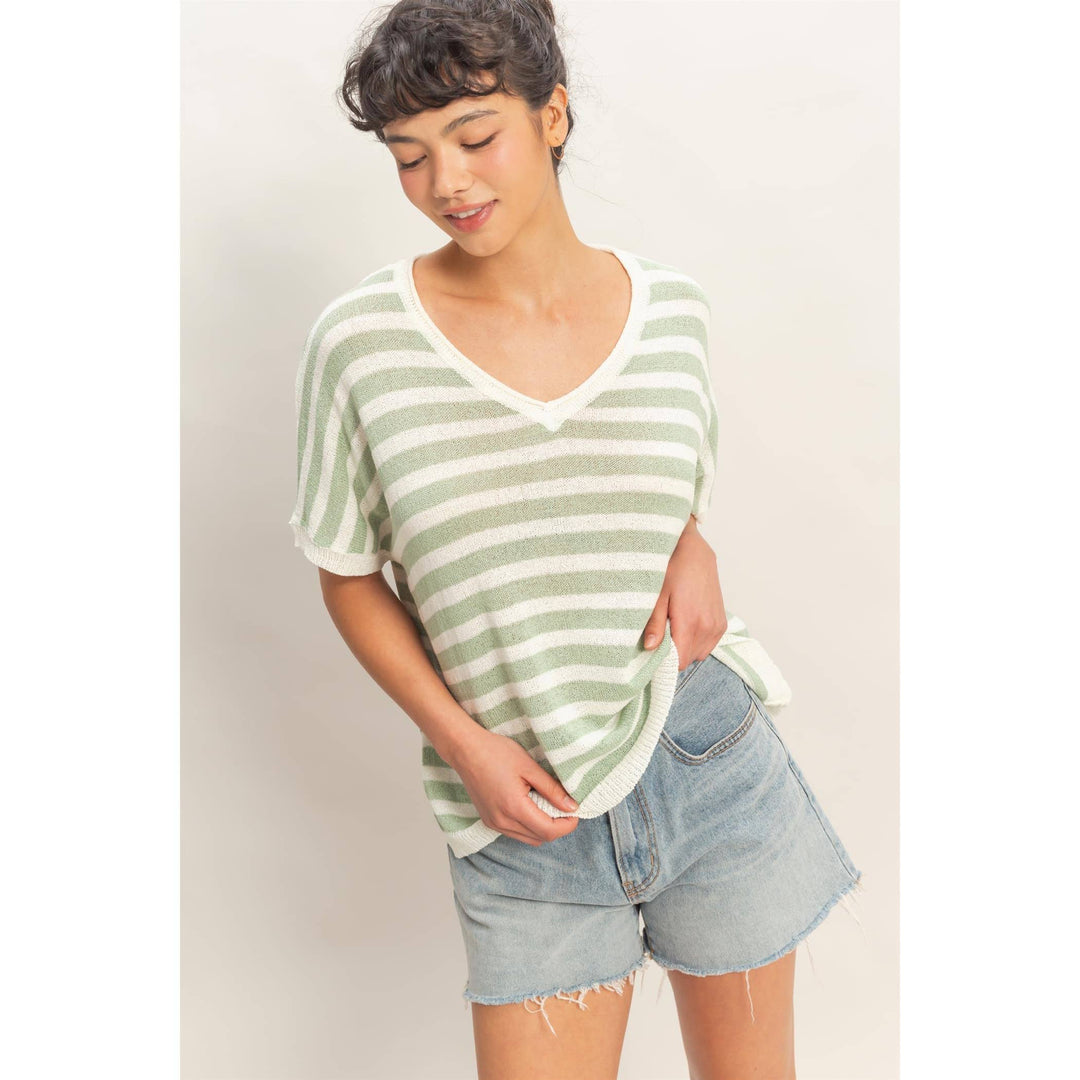 Striped V-Neck Short Dolman Sleeve Oversized Top