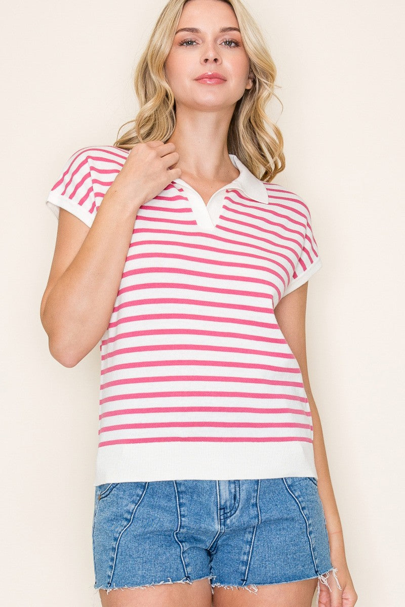 It's Going Well Pink and White Stripped Collared Short Sleeve Top