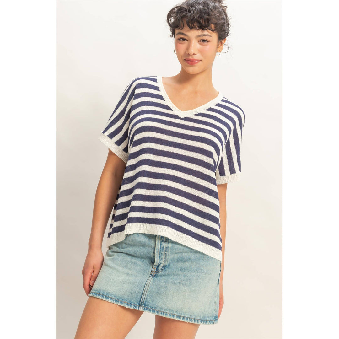 Striped V-Neck Short Dolman Sleeve Oversized Top