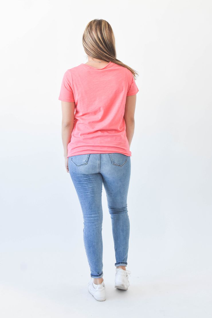 Daily Basic V-Neck Casual Tee in Coral