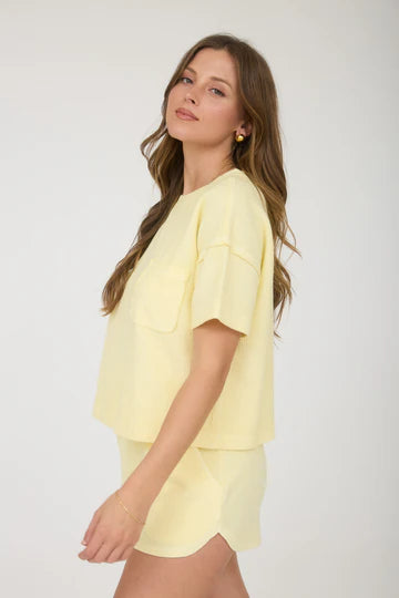 Out Of Town Ribbed Pocket Short Sleeve Top in Butter Yellow