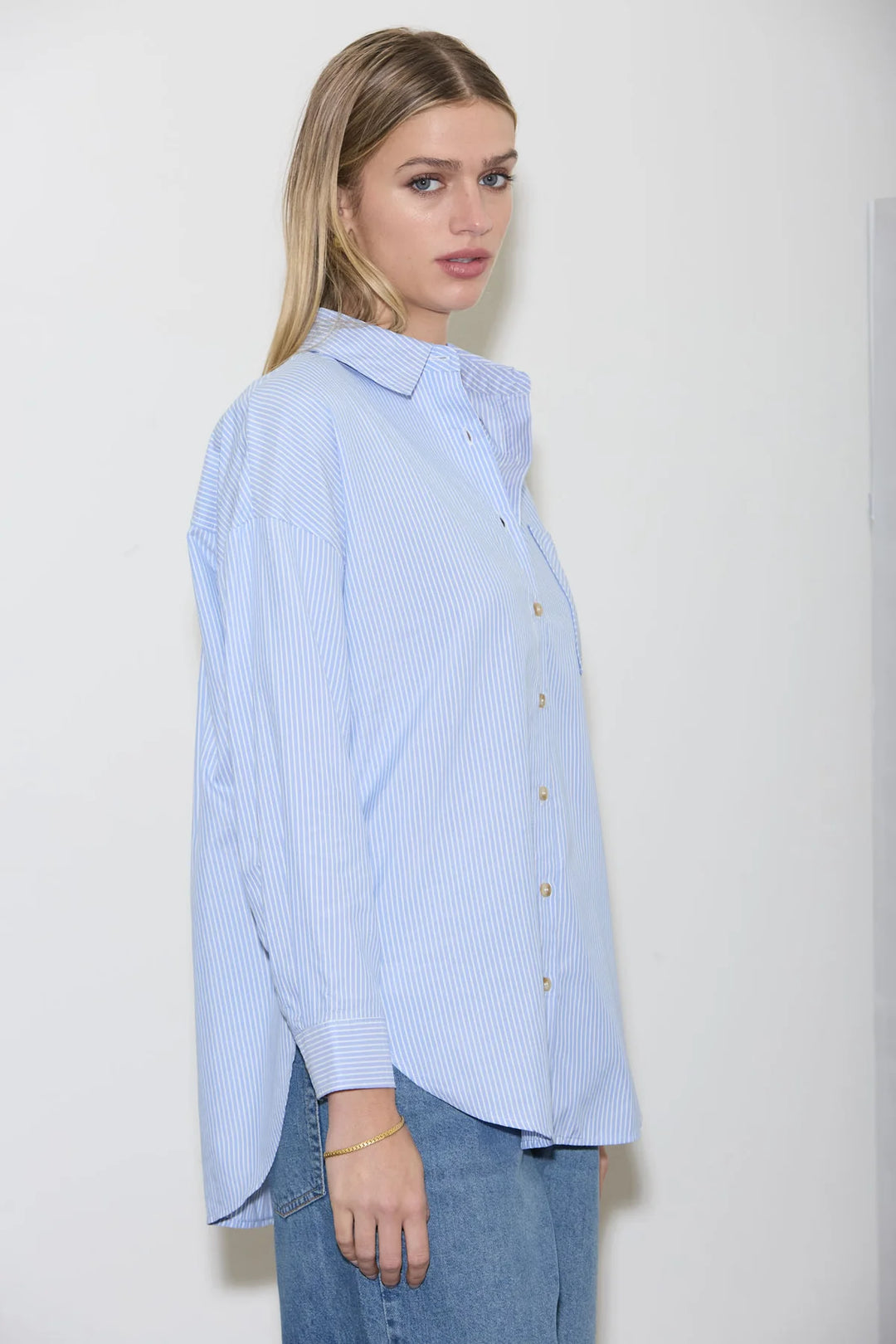 Way Back When Stripe Long Sleeve Collared Shirt In Blue