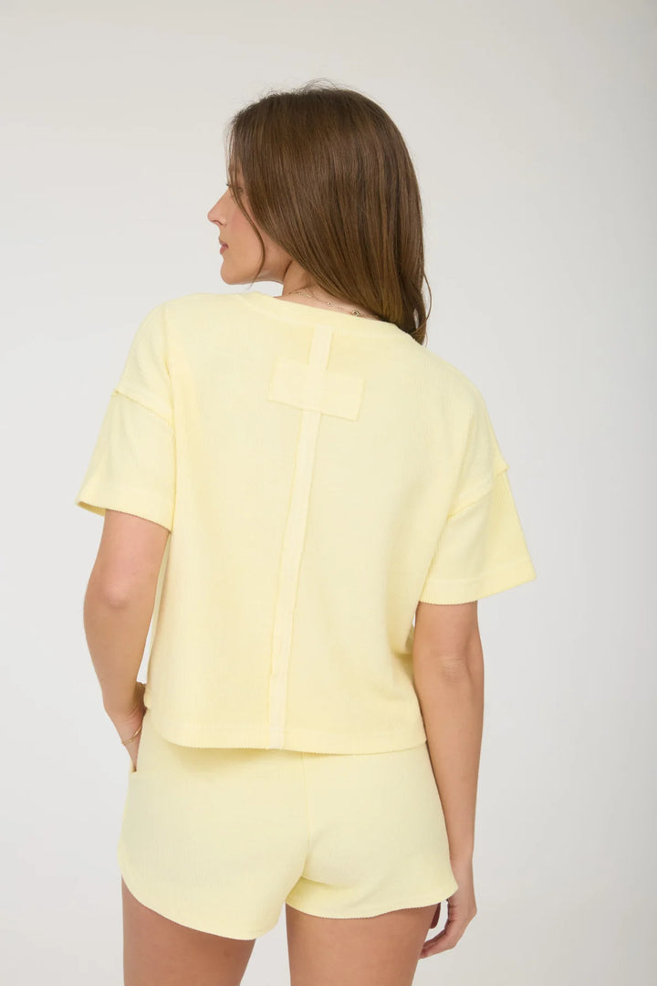 Out Of Town Ribbed Pocket Short Sleeve Top in Butter Yellow