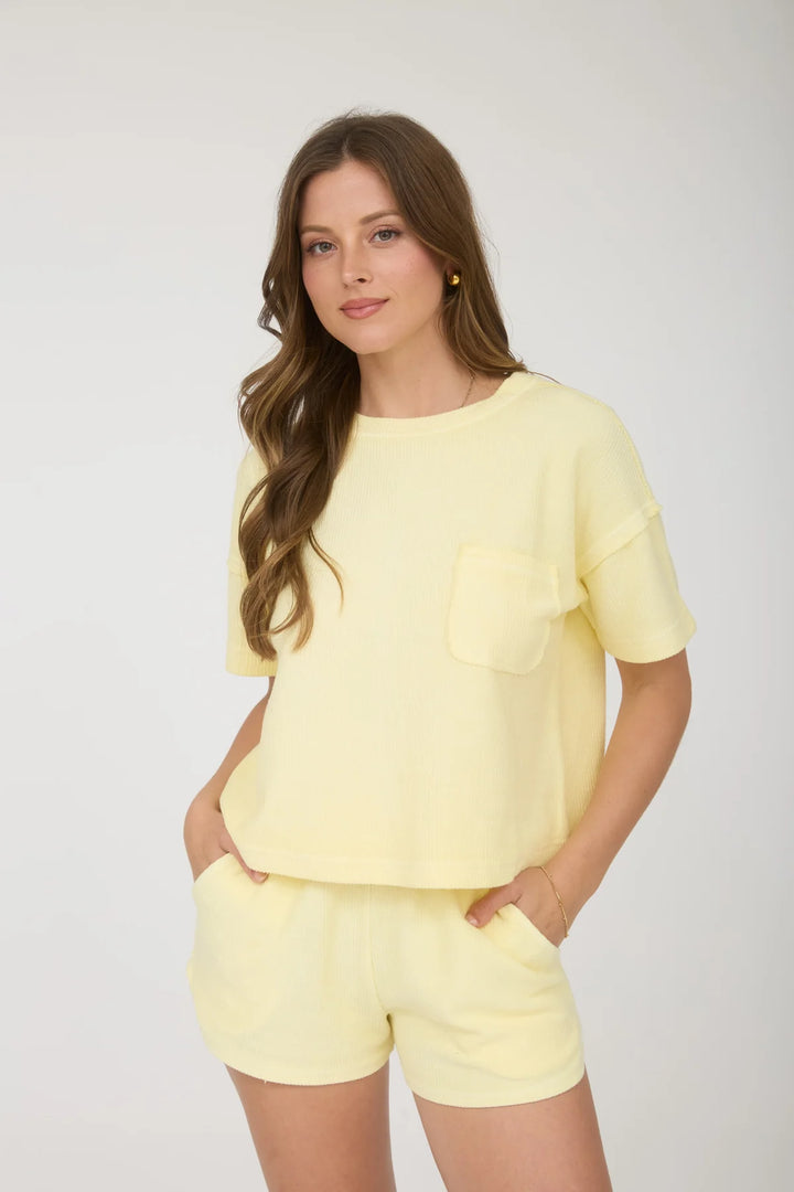 Out Of Town Ribbed Pocket Short Sleeve Top in Butter Yellow