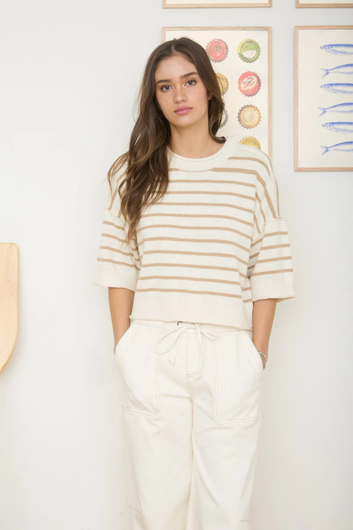 Always Cozy Stripe Drop Shoulder Short Sleeve Sweater In Khaki