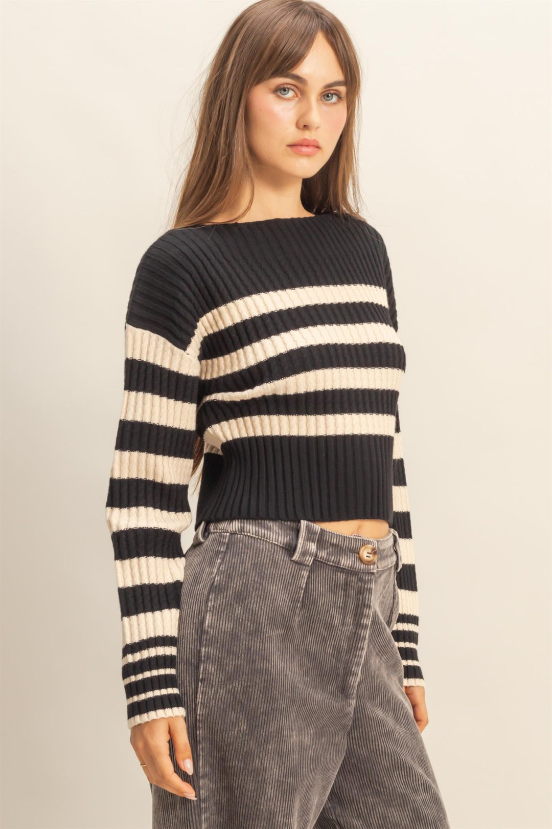 Oh So Thankful Striped Boatneck Sweater in Black and Cream