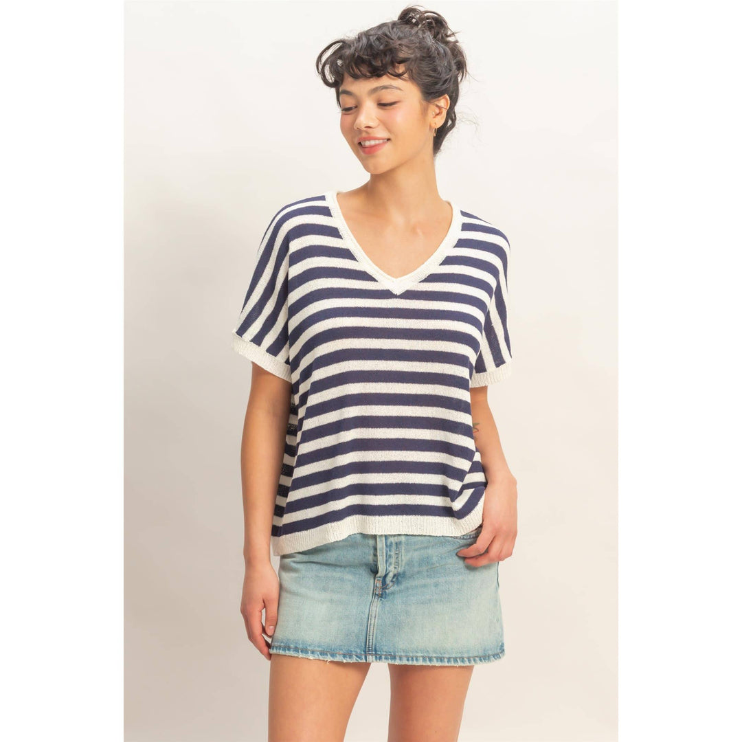 Striped V-Neck Short Dolman Sleeve Oversized Top