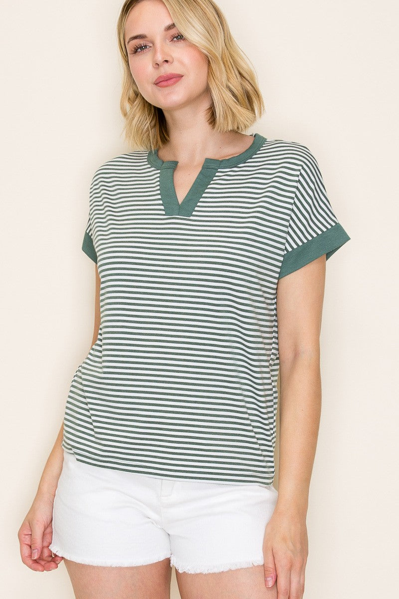 The Good Life Striped Short Sleeve Top in Green