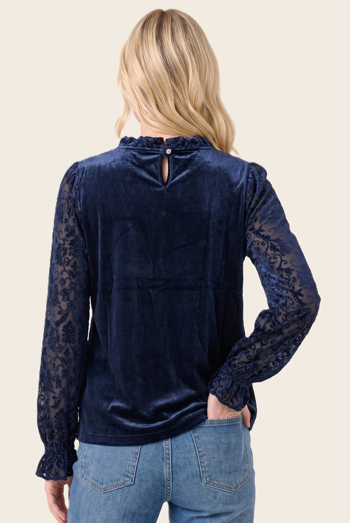 Gently Bold Velvet Burnout Sleeve Top in Navy
