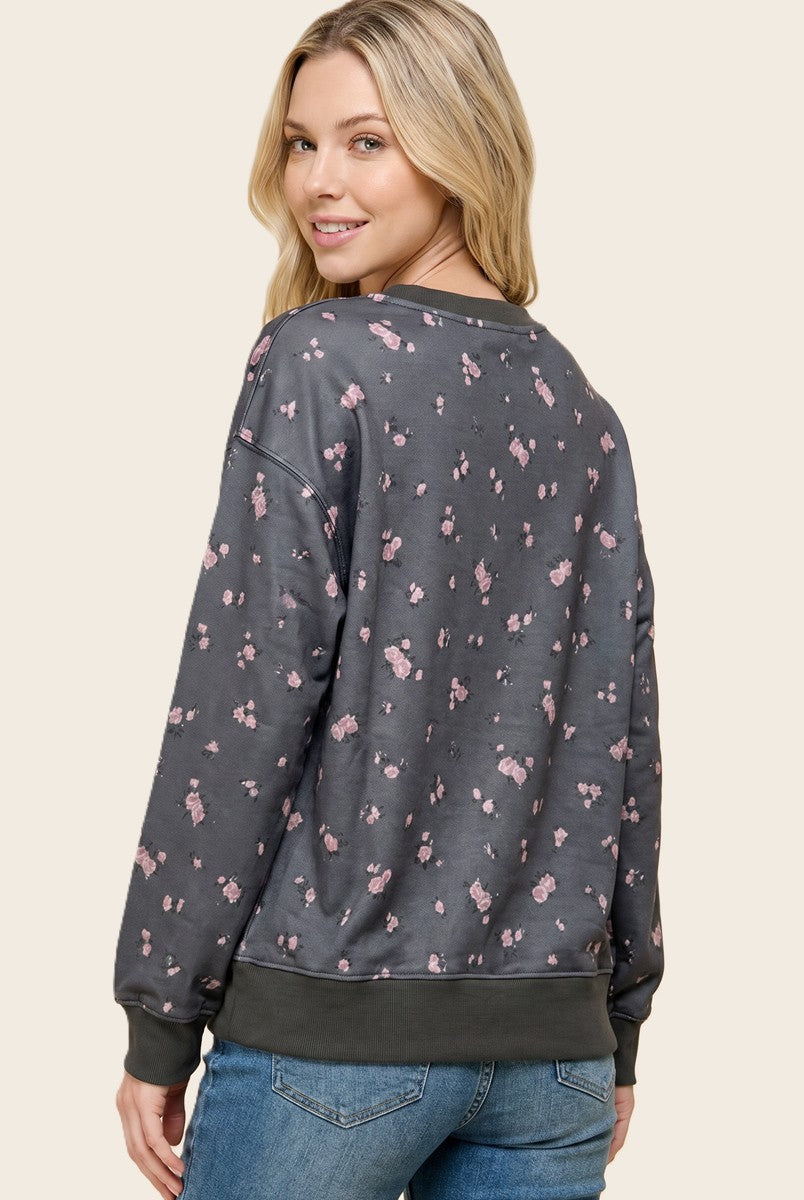 Sunday Smiles Light Weight Floral Sweatshirt in Grey