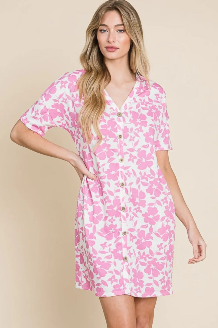 Floral Button Down Mini Dress in Pink