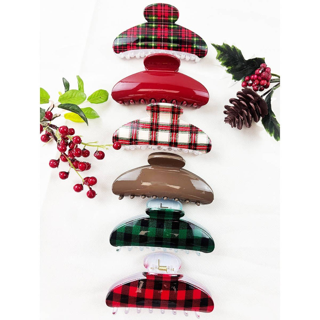 Christmas Plaid Print with solid Hair Claw Clip