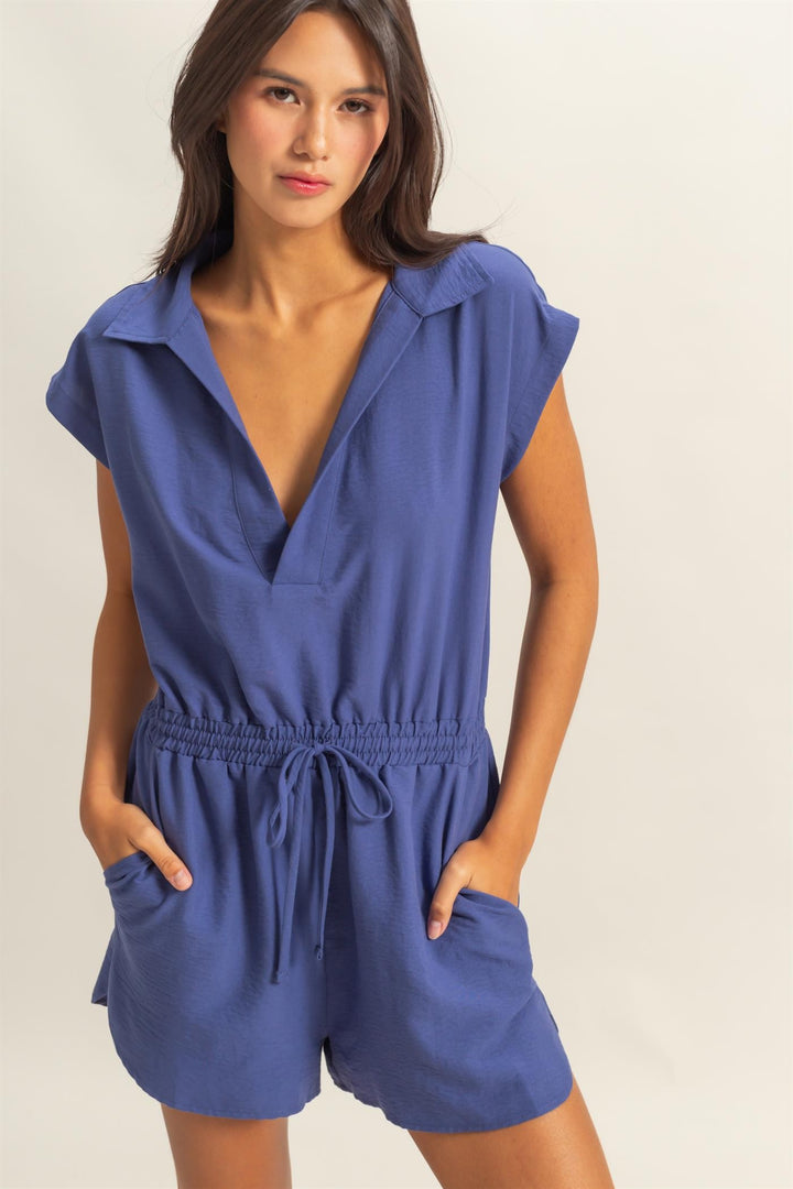 Gonna Go Far Collared Romper in Dusty Indigo