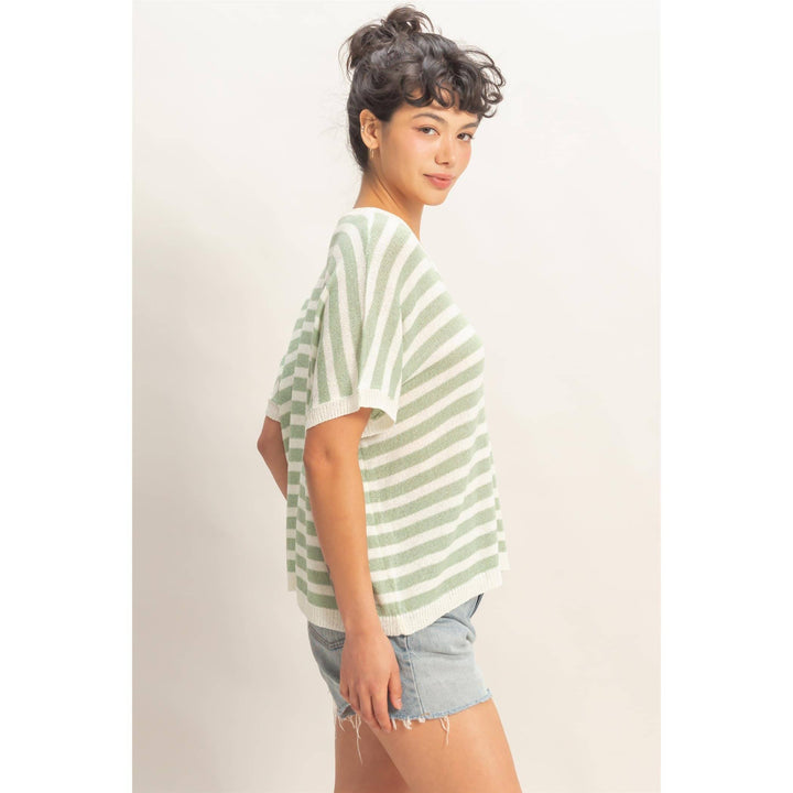 Striped V-Neck Short Dolman Sleeve Oversized Top
