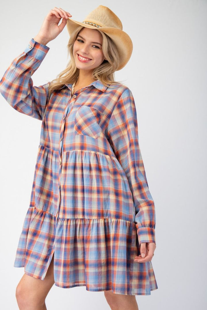 Farmers Daughter Classy Flannel Dress In Orange and Navy Blue