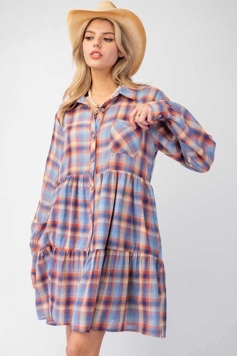 Farmers Daughter Classy Flannel Dress In Orange and Navy Blue