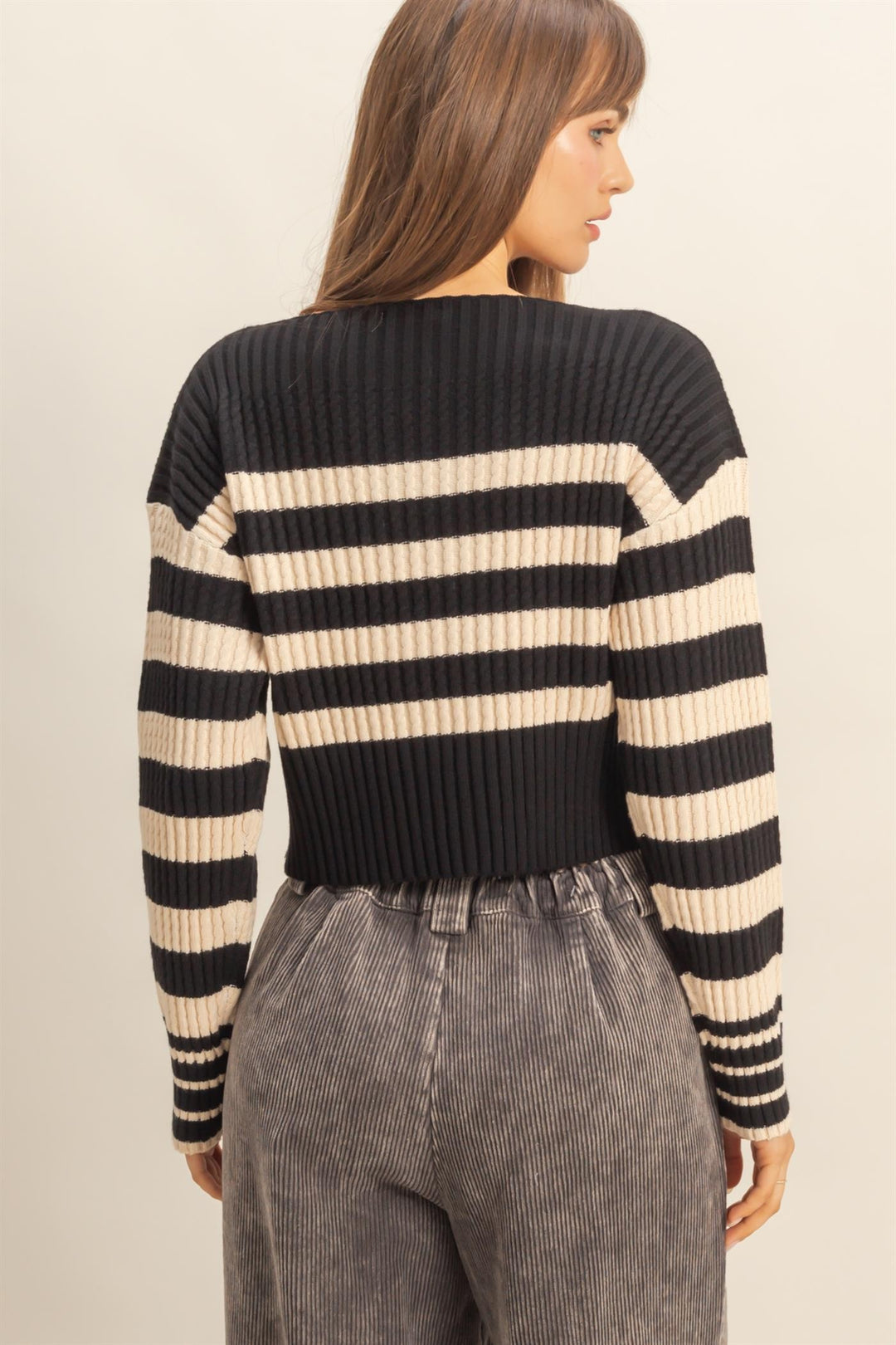 Oh So Thankful Striped Boatneck Sweater in Black and Cream