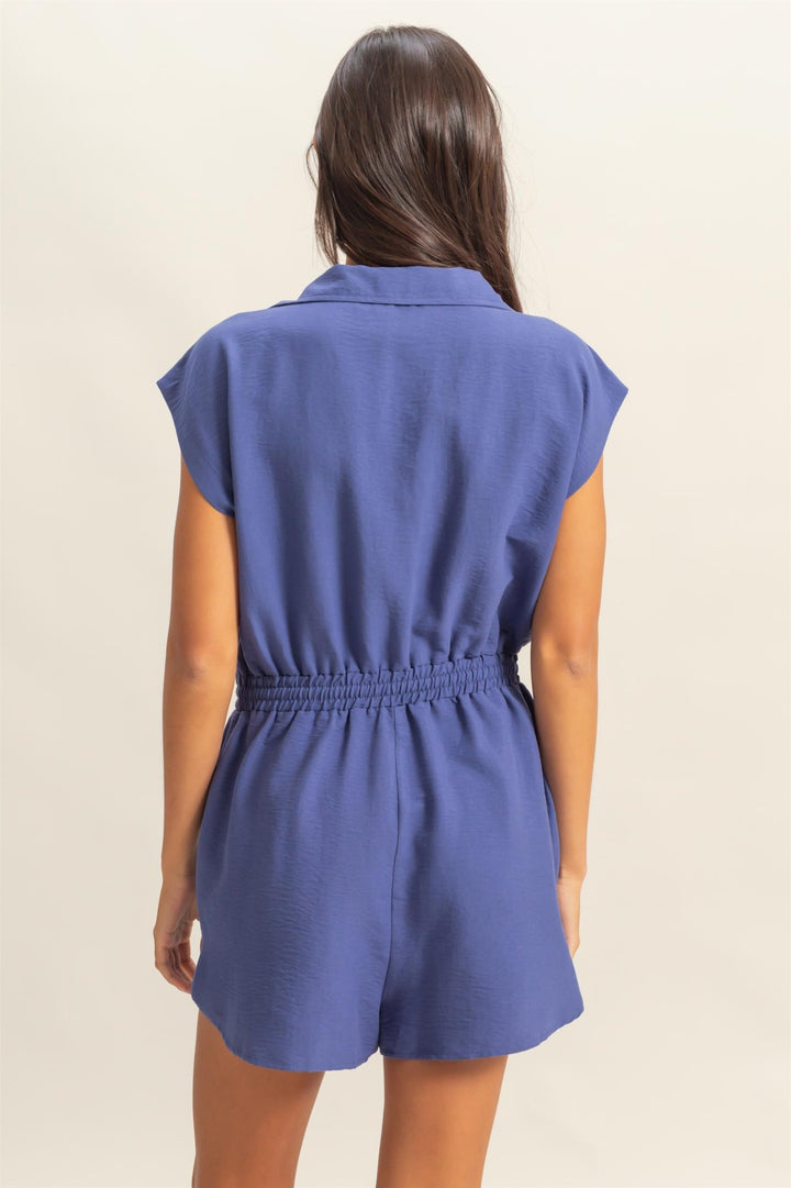Gonna Go Far Collared Romper in Dusty Indigo