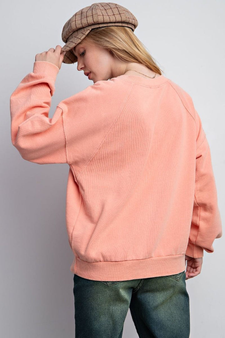 Going For It Mineral Washed Terry Pullover in Coral