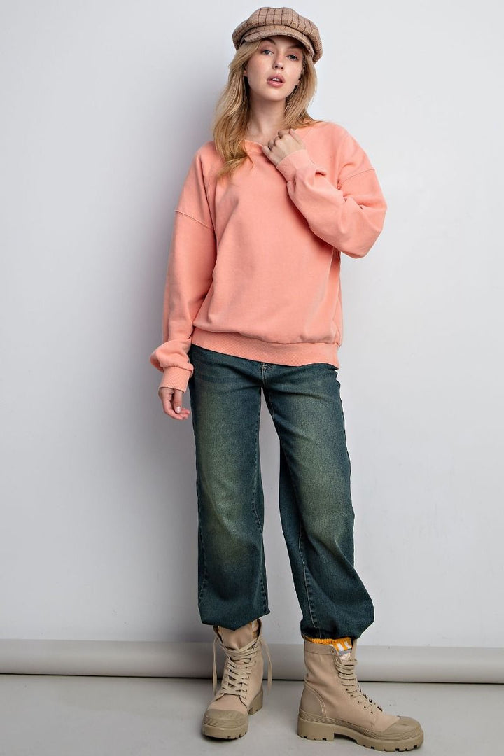 Going For It Mineral Washed Terry Pullover in Coral