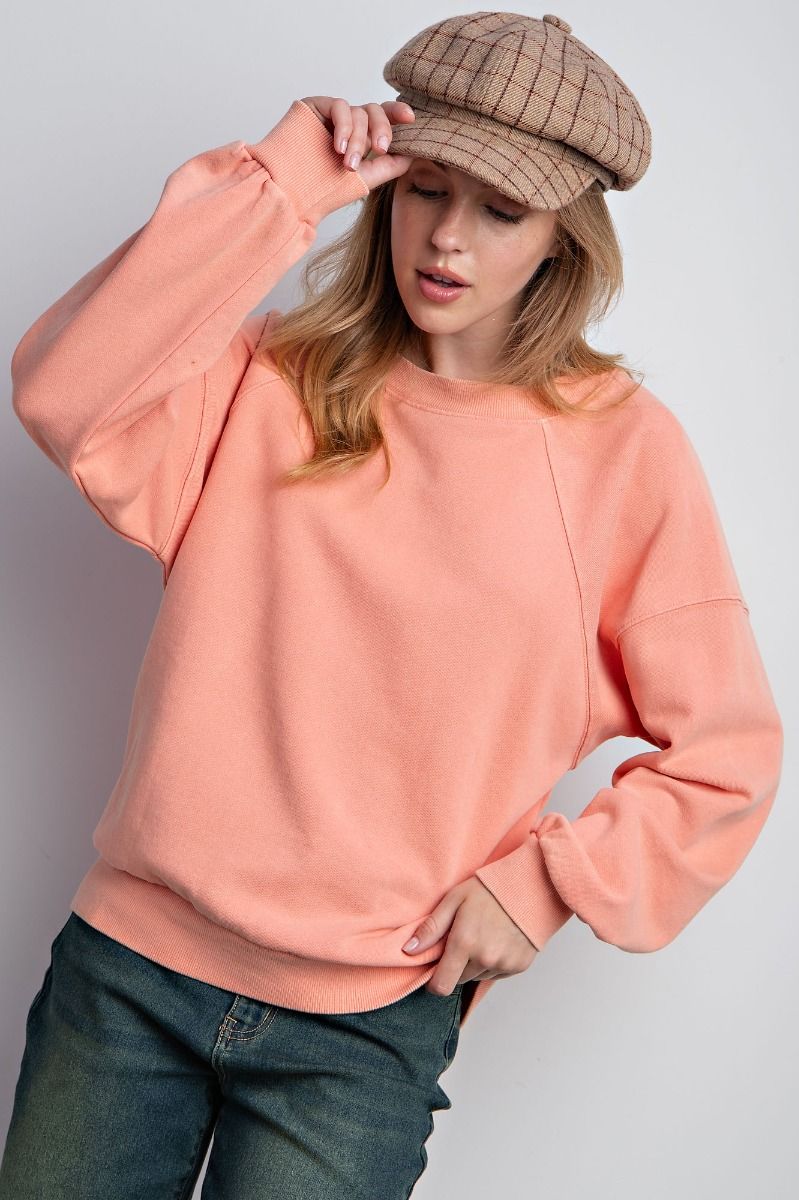 Going For It Mineral Washed Terry Pullover in Coral