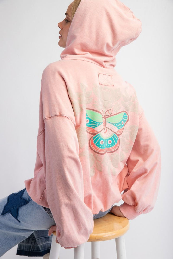 Fly High Butterfly Print Hooded Pullover in Pink