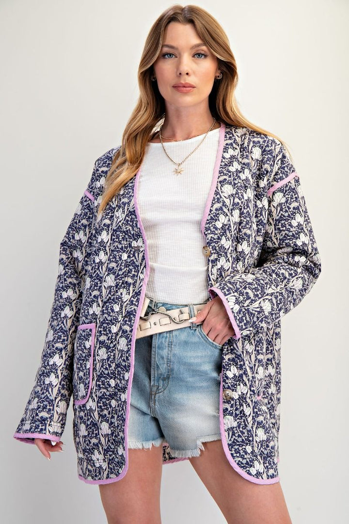 Grandma's Garden Quilted Jacket That Buttons Down With Deep Fount Pockets Lined In Bubble Gum Pink