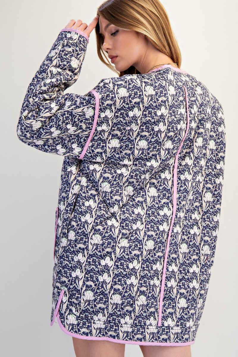 Grandma's Garden Quilted Jacket That Buttons Down With Deep Fount Pockets Lined In Bubble Gum Pink