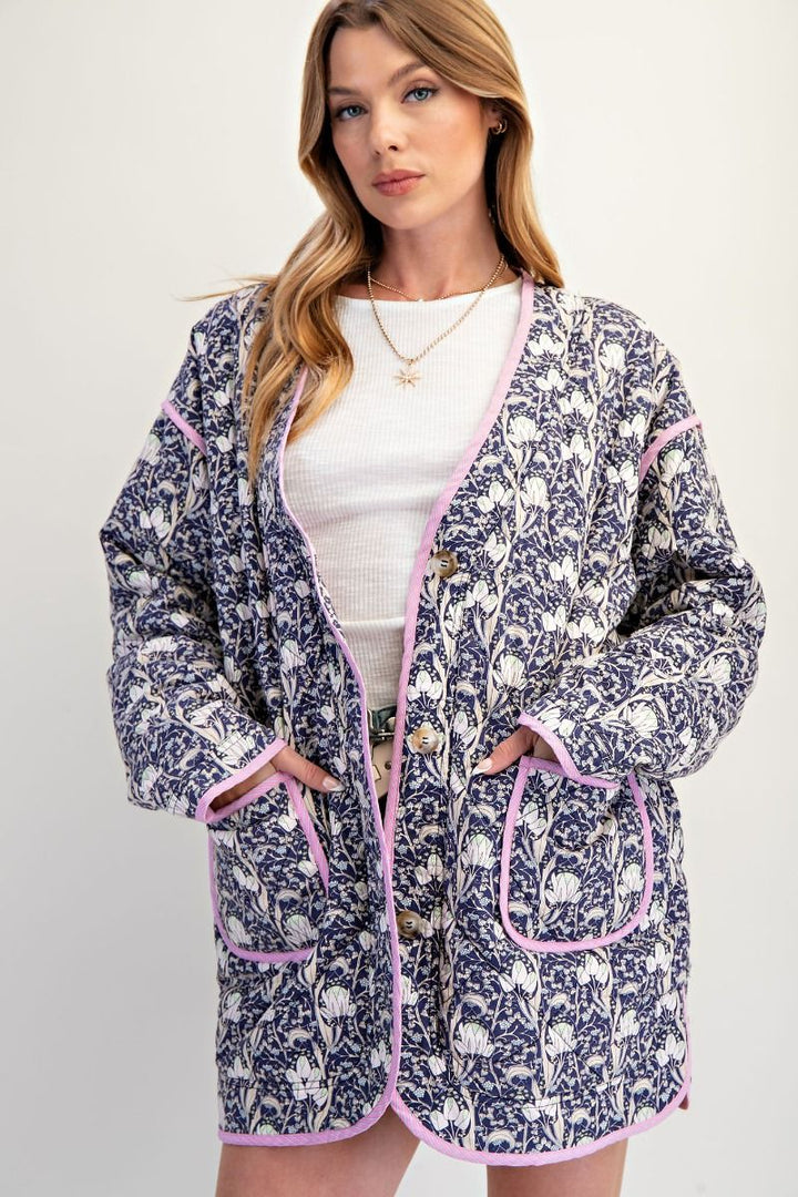 Grandma's Garden Quilted Jacket That Buttons Down With Deep Fount Pockets Lined In Bubble Gum Pink
