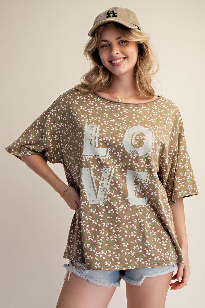 In Love Floral Oversized Short Sleeve Top in Olive
