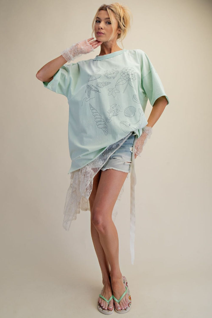 Summer at the Beach Seashell Oversized Tee in Mint