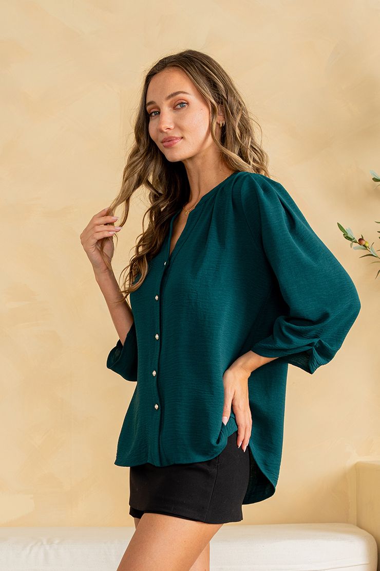 Hunter Green Half Sleave Pearl Button down V Neck Business Dress Shirt