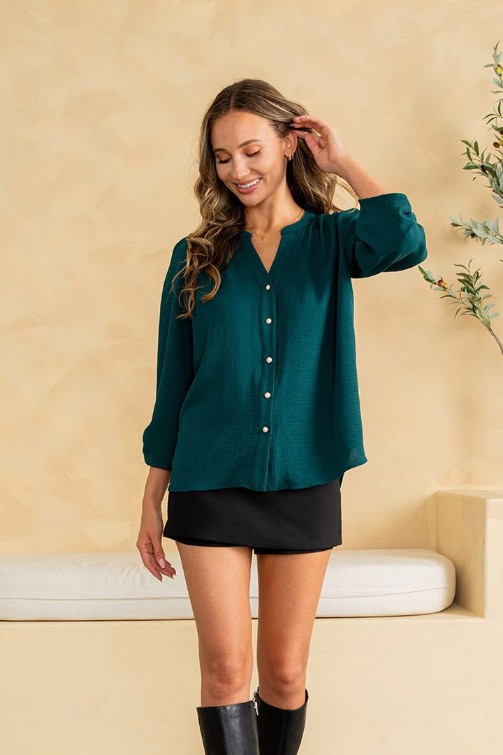 Hunter Green Half Sleave Pearl Button down V Neck Business Dress Shirt