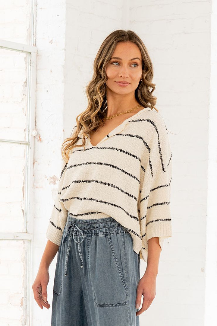 Art Of Daydreaming Knit Stripe Long Sleeve Top In Cream/Black