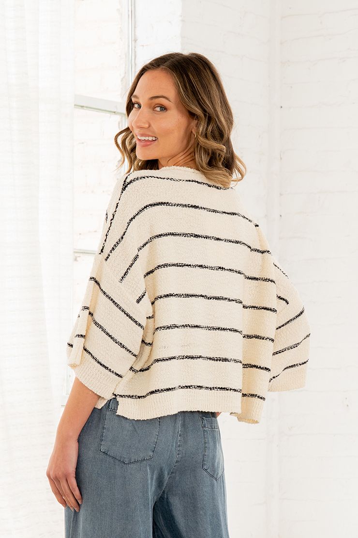 Classic Cream An Black Striped Sweater With a V Cut Neckline And Boxy Fit