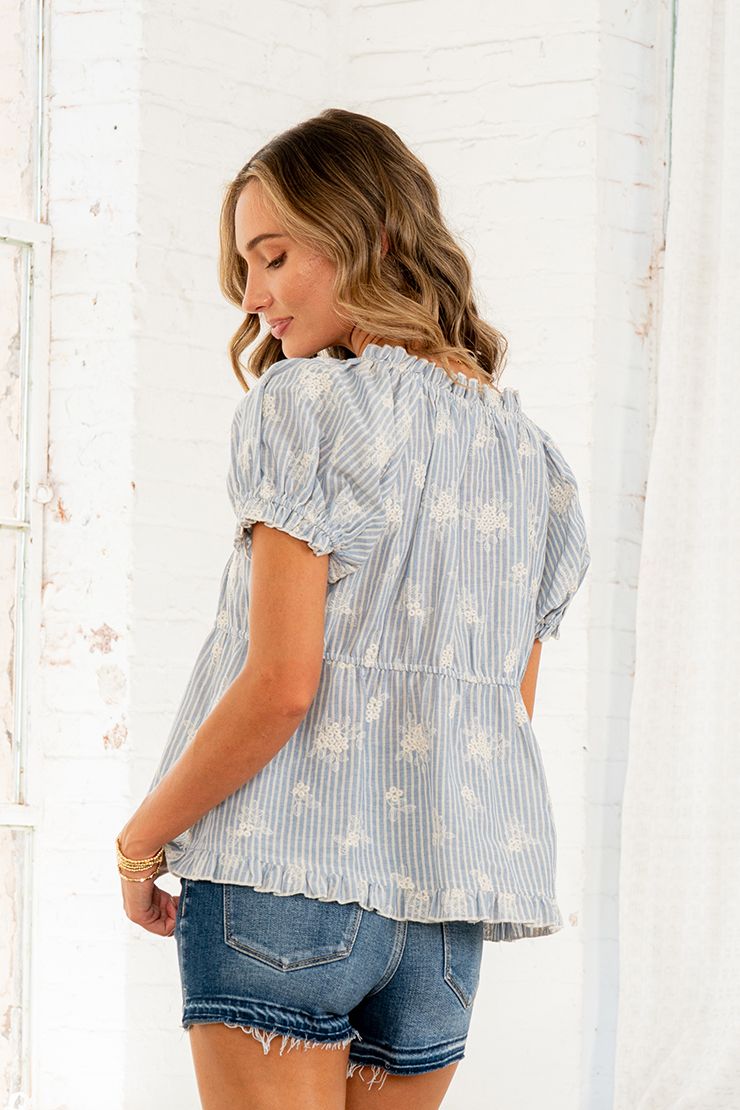 Dainty Puff-Sleeve Embroidery- Stripe Babydoll In Denim Blue