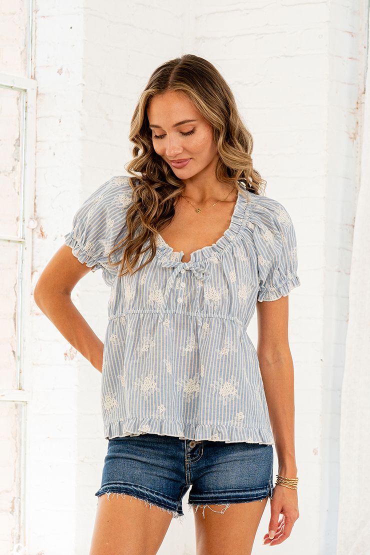 Dainty Puff-Sleeve Embroidery- Stripe Babydoll In Denim Blue