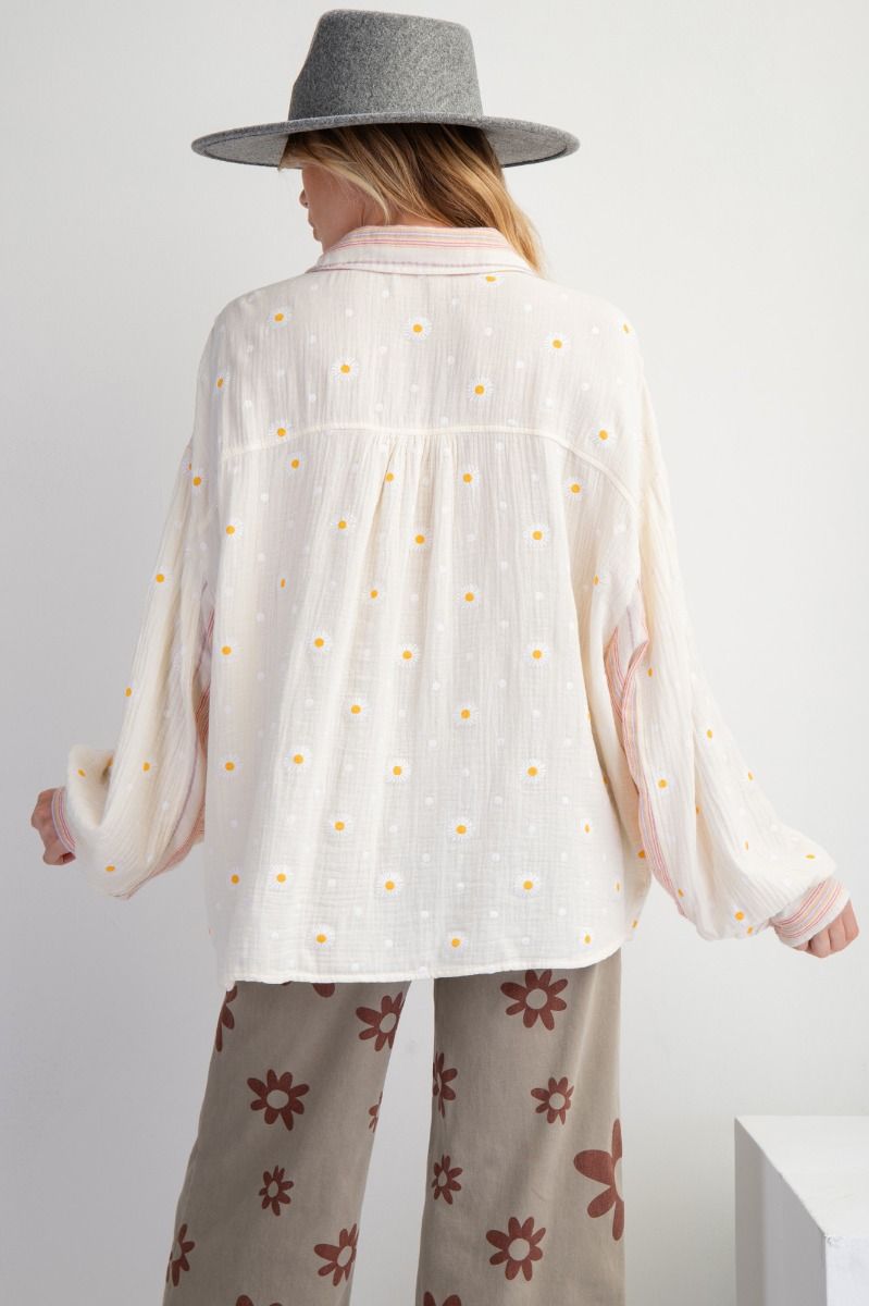 Look at You Floral Print Button Down Long Sleeve Top in Cream