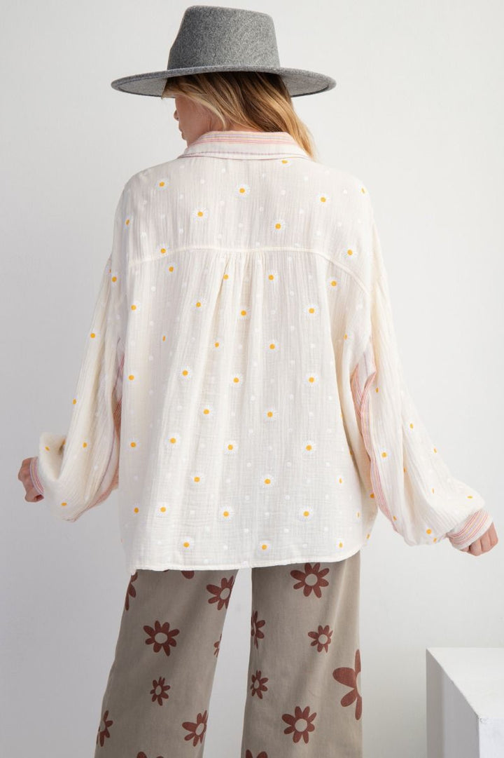 Look at You Floral Print Button Down Long Sleeve Top in Cream