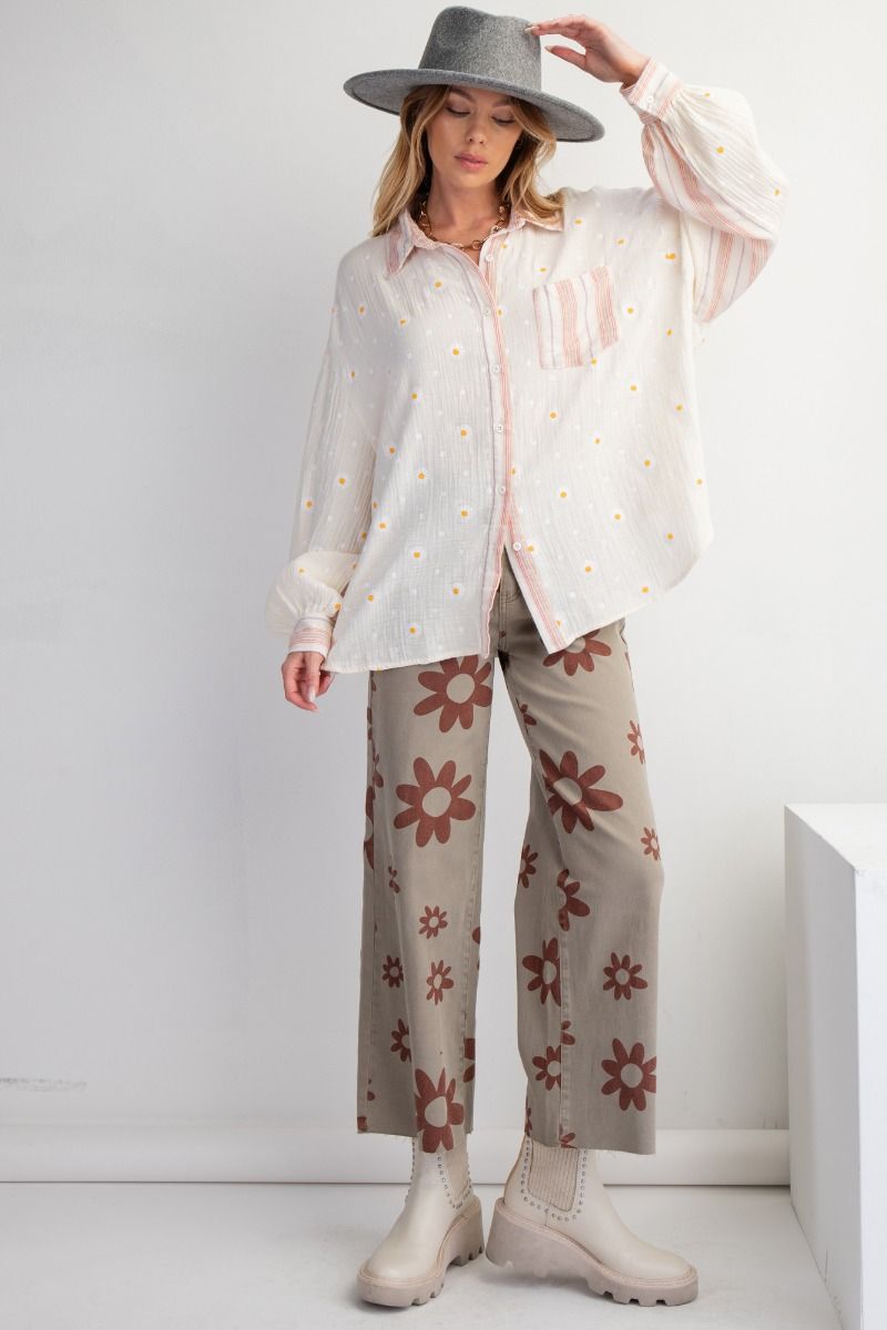 Look at You Floral Print Button Down Long Sleeve Top in Cream