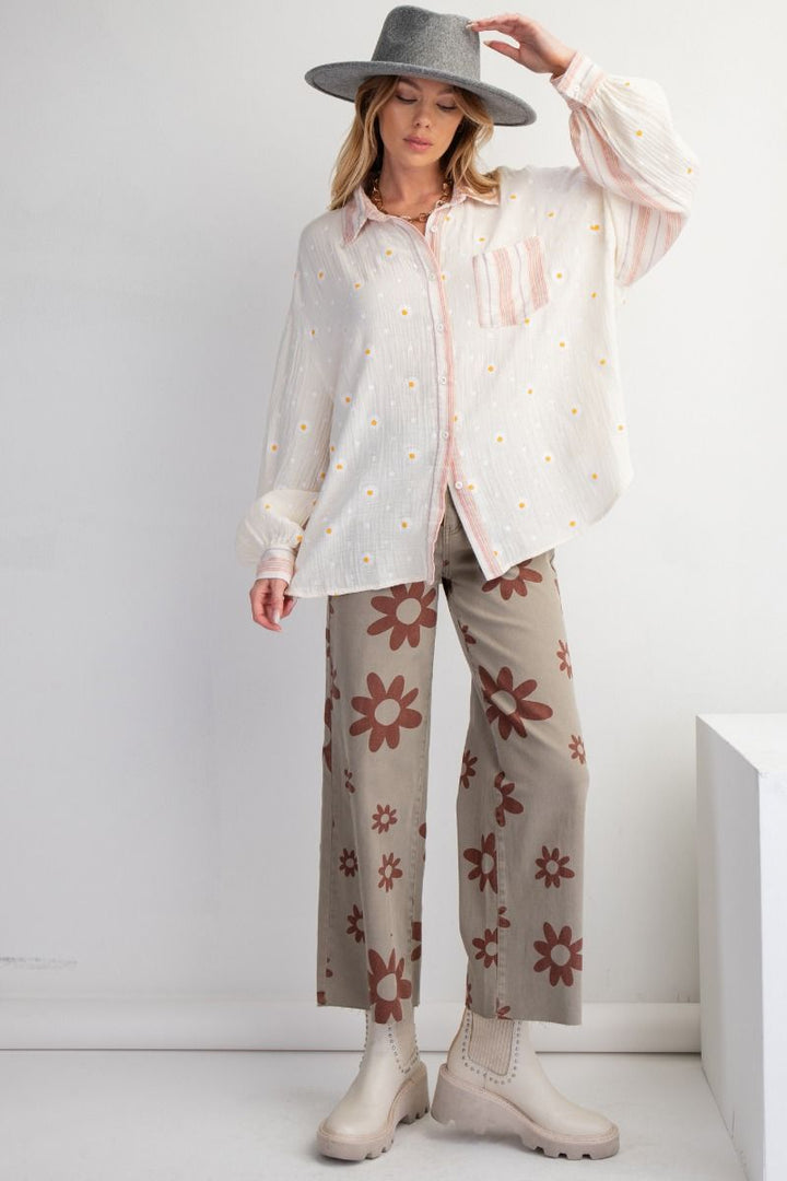 Look at You Floral Print Button Down Long Sleeve Top in Cream