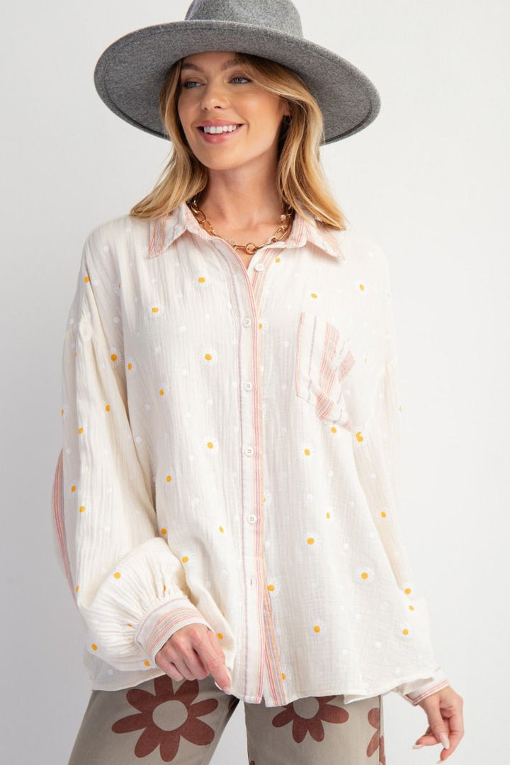 Look at You Floral Print Button Down Long Sleeve Top in Cream